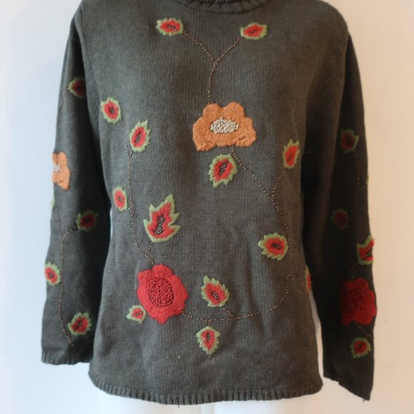 Womens Carlisle Olive Green Floral Silk Cotton Cashmere Turtleneck Sweater XL * - Picture 4 of 8